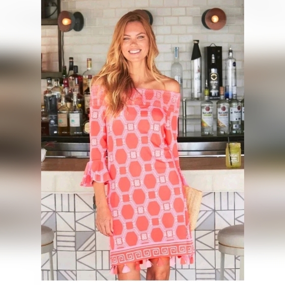 Cabana Life Dresses & Skirts - NWT Cabana Life Dress Sz L  Coral Geo Coverlex Smocked Off The Shoulder UPF 50+